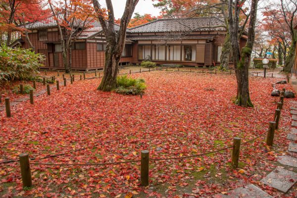 紅葉の落ち葉と邸宅